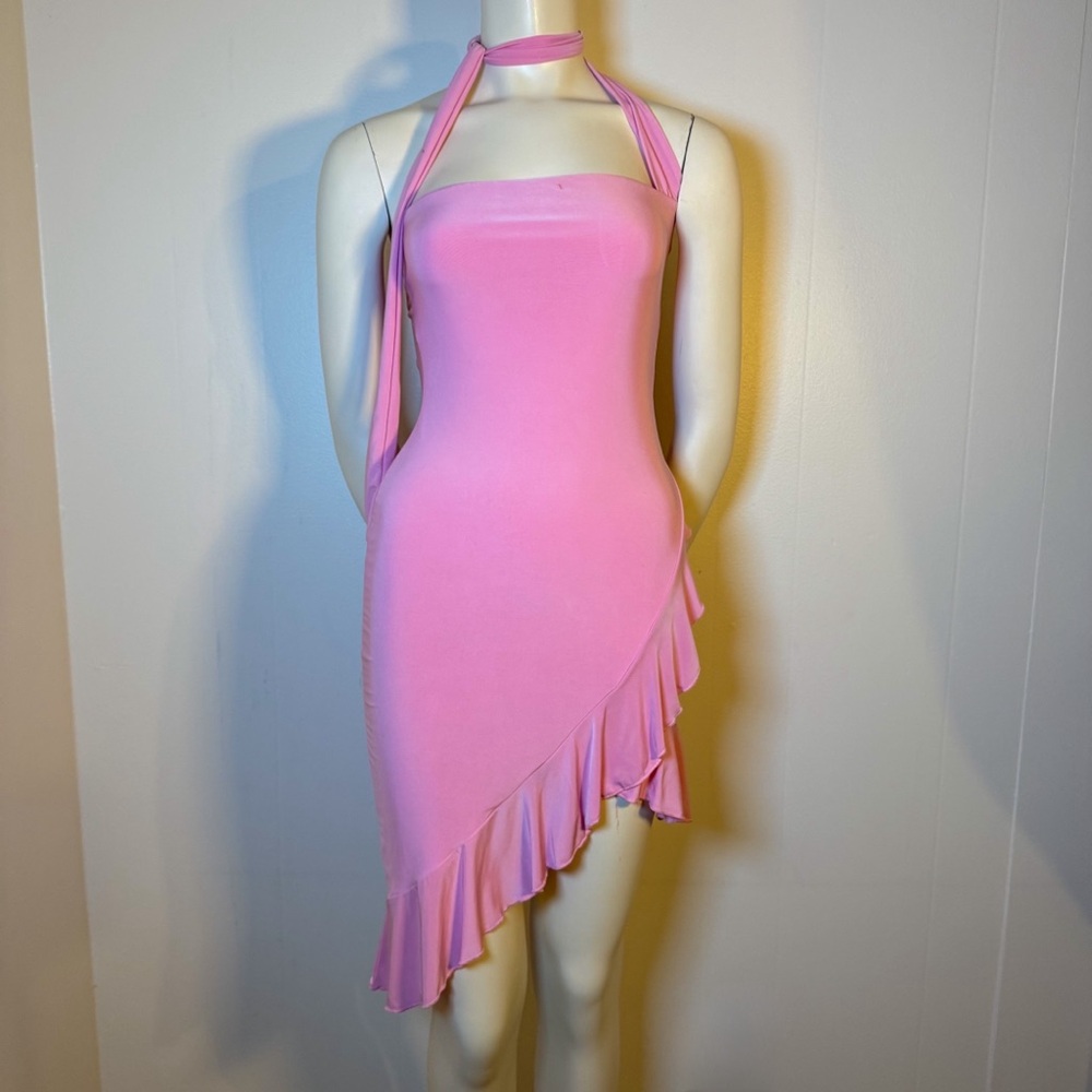 Y2K Pink Halter Bodycon Dress – Asymmetrical Ruffle Hem